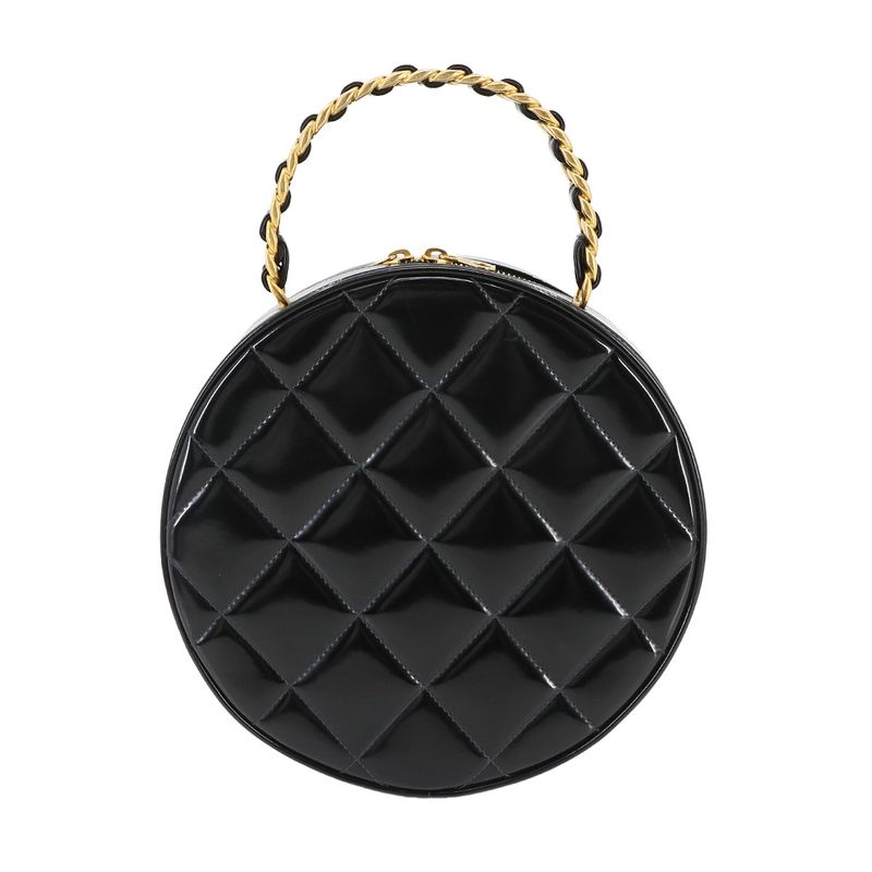 Chanel Matelasse Round Vanity Hand Bag Enamel Black White Vintage Gold Hardware