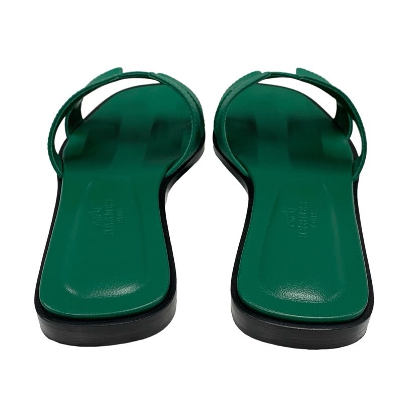 Hermes Oran Sandals Shoes Leather Green Flat Sandals Mules