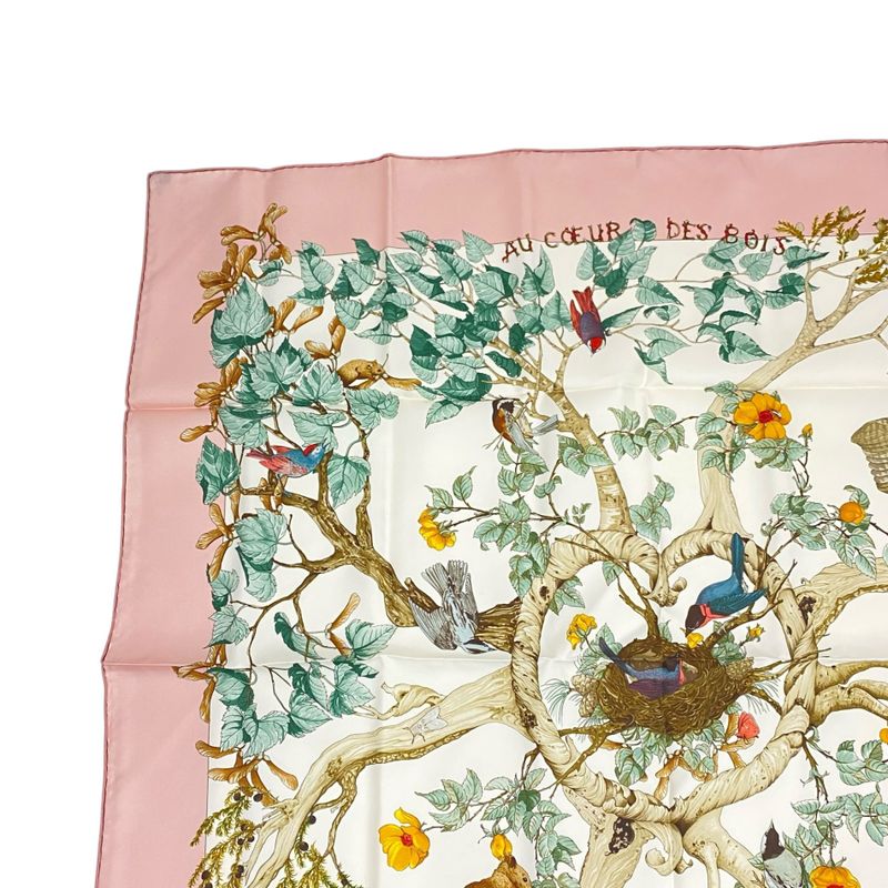 Hermes Scarf Carre 90 AU Coeur DES BOIS In The Woods 100% Silk Pink