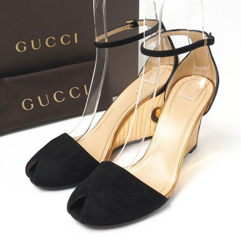 Gucci Sandals Size 37 Mirrored Wedge Sole Ankle Strap Suede Gold Black Shoes
