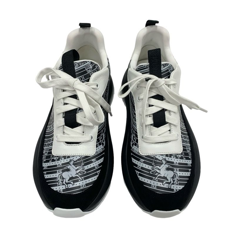 Hermes Glam Sneakers Shoes Leather Suede Black White Bandana Pattern