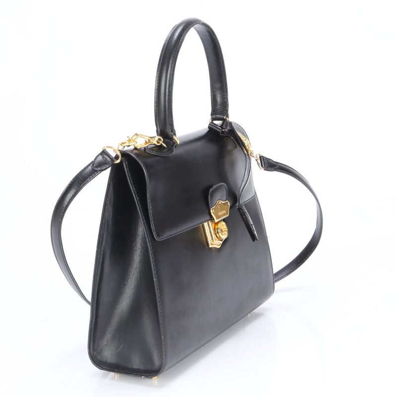 Prada Leather 2WAY Shoulder Bag Crossbody Hand Tote Genuine Leather Black Gold