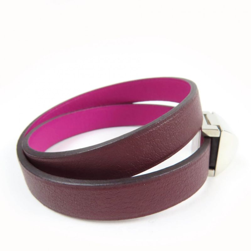 Hermes Medor Infini Dubretour Bracelet Leather Silver Hardware Bangle Purple T3