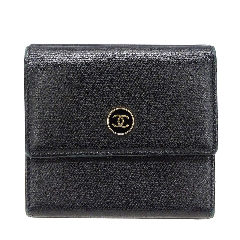 Chanel Wallet Women's Brand Bifold Wallet Coco Button Leather Black None Place