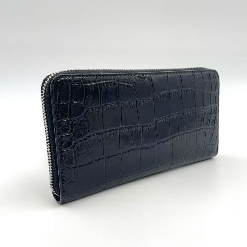 Celine Logo Leather Round Zip Leather Black Wallet Silver