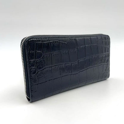 Celine Logo Leather Round Zip Leather Black Wallet Silver