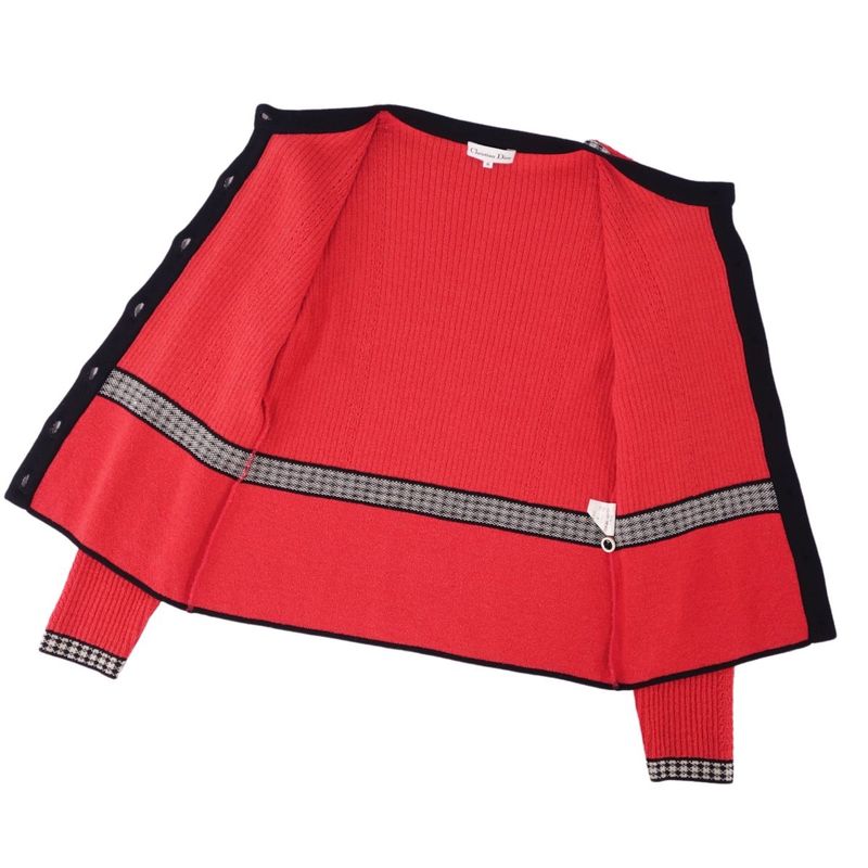Christian DIOR Ensemble Knit Sweater Cardigan Wool Nylon Top Women M Red