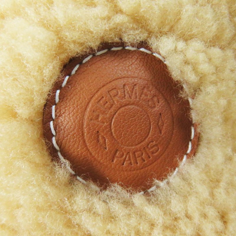 Hermes Fauve Mouton Bucket Hat/hat With Leather Patch Beige 57 Made In France