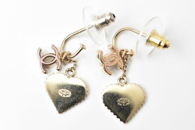 Chanel Earrings Chanel Swing Earrings CC Mark Heart Motif Pink Gold