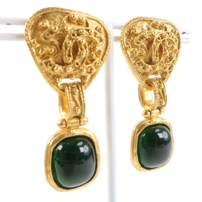 Chanel Gripoa Green Stone Vintage Gold Plated Gold 94A Ladies 32.2g Earring