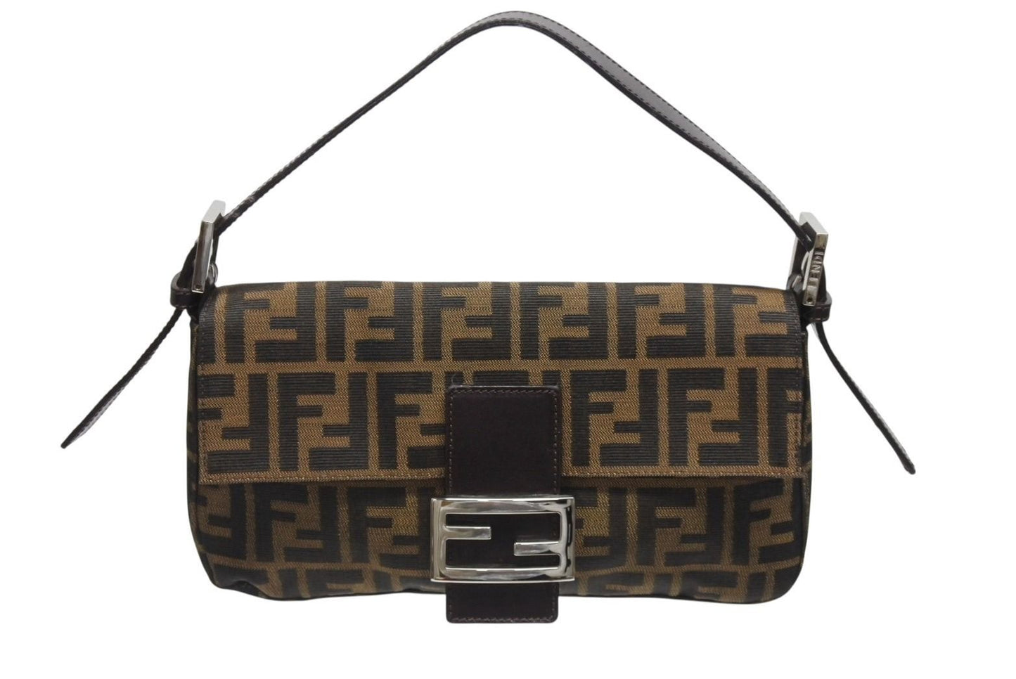 Fendi Mamma Baguette Bag Zucca Pattern Canvas Leather Brown Silver