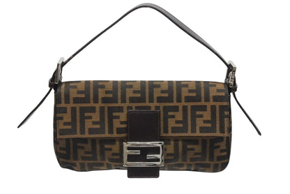 Fendi Mamma Baguette Bag Zucca Pattern Canvas Leather Brown Silver
