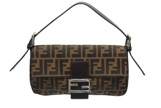 Fendi Mamma Baguette Bag Zucca Pattern Canvas Leather Brown Silver