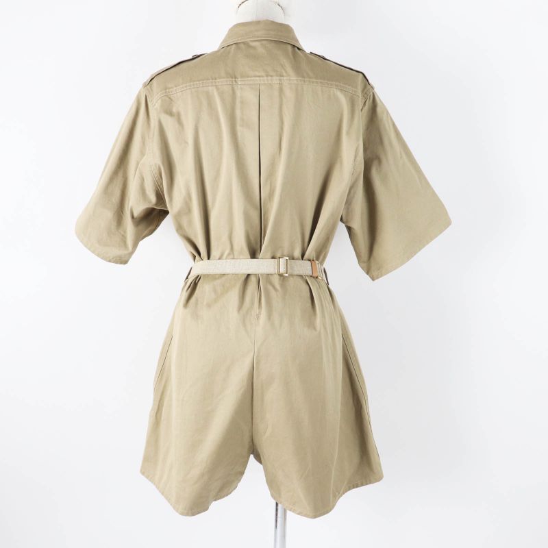 Prada 2023 P293ht Cotton Linen Triangle Logo Belted Short Sleeve All-in-one/jum