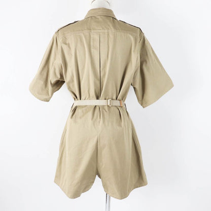 Prada 2023 P293ht Cotton Linen Triangle Logo Belted Short Sleeve All-in-one/jum