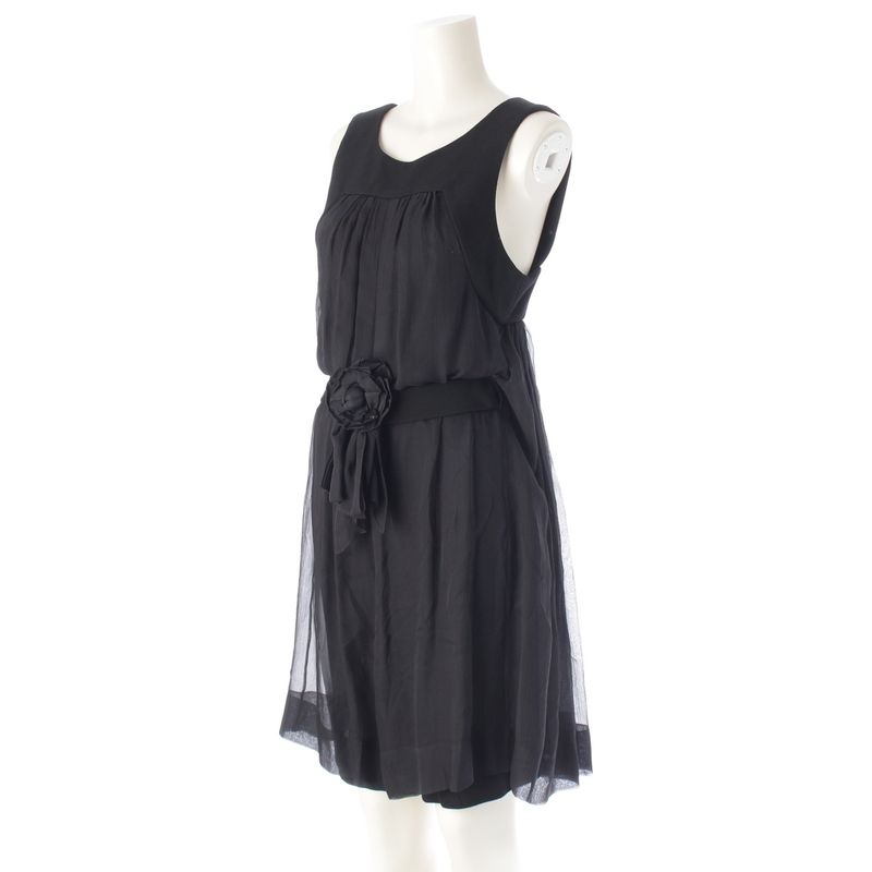 Chanel Silk Coco Mark Camellia Ribbon Camisole Dress P45488 Black 36