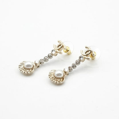Chanel Earrings Earring Gold Coco Mark Drop Earrings Seashell Rhinestone