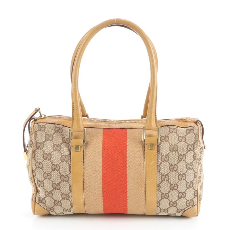 Gucci GG Canvas Leather Handbag Mini Boston 000-0851 Brown Gold Hardware Tote