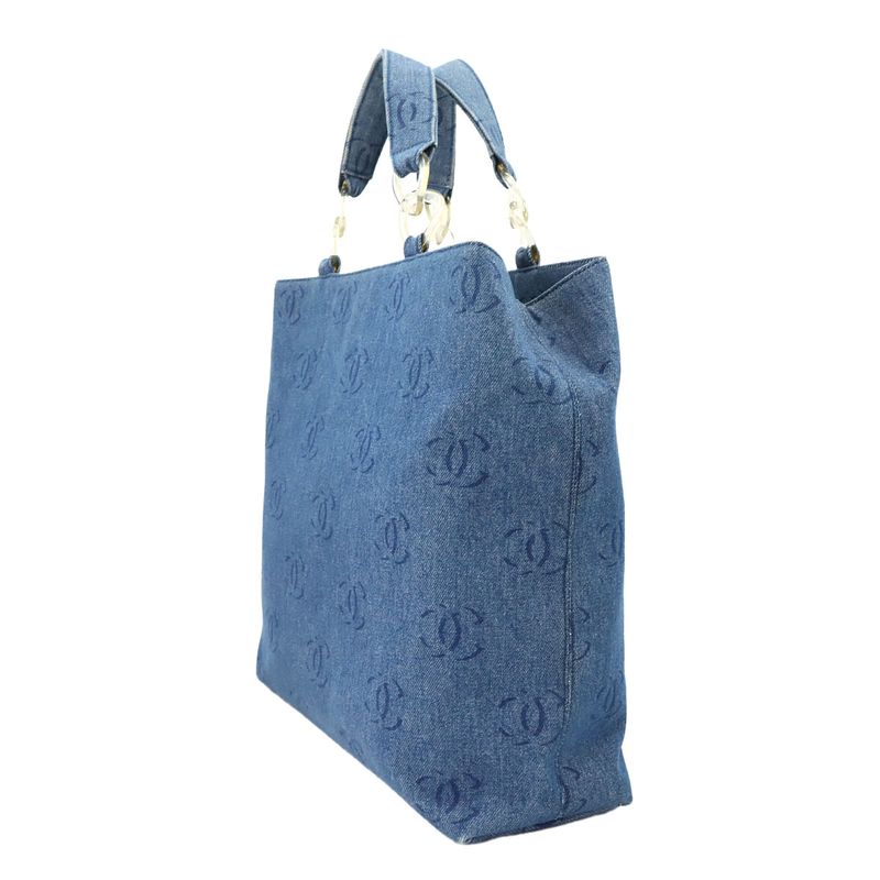 Chanel Plastic Chain Tote Bag Denim Blue Vintage Silver Hardware Coco Mark Tote