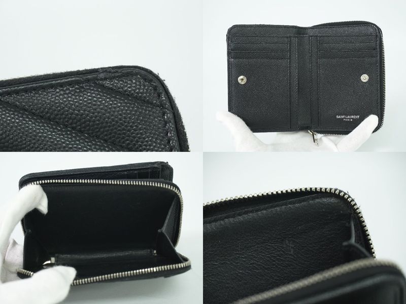 Authentic Saint Laurent YSL Logo Round Zipper Fold Wallet Compact Wallet