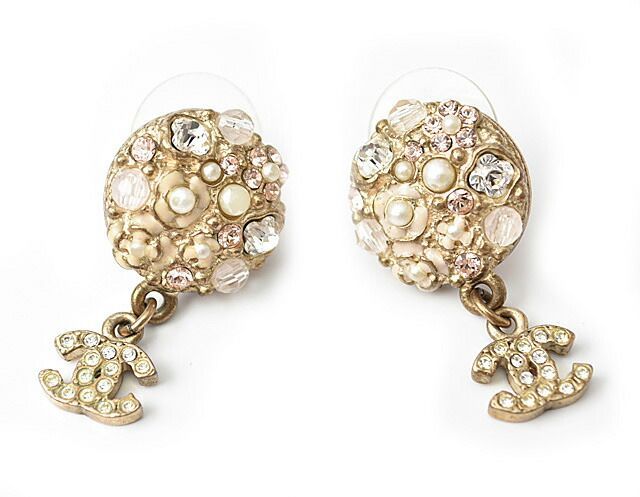 Chanel Earrings Chanel Circle Pearl Motif Logo Rhinestone Gold