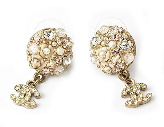 Chanel Earrings Chanel Circle Pearl Motif Logo Rhinestone Gold