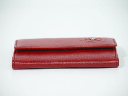 Authentic Chanel Coco Mark Camellia Card Case Business Card Holder Leather Red
