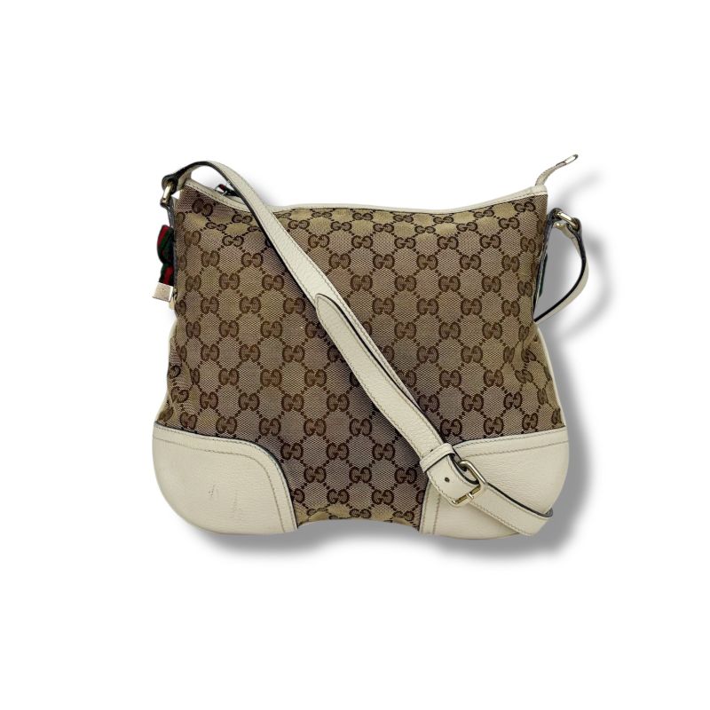 Gucci Shoulder Bag GG Canvas Sherry Line Ribbon Brown White Leather Crossbody