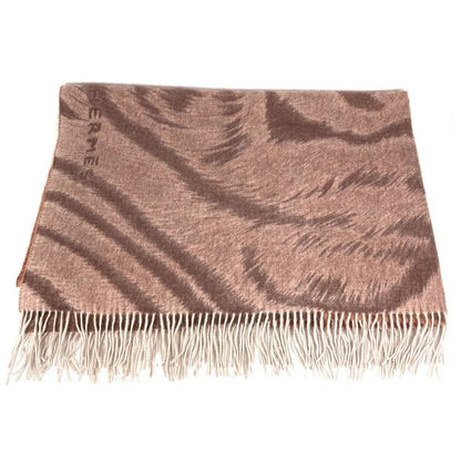 Hermes Blanket Taiga Animal Fringe Plaid Cashmere Brown