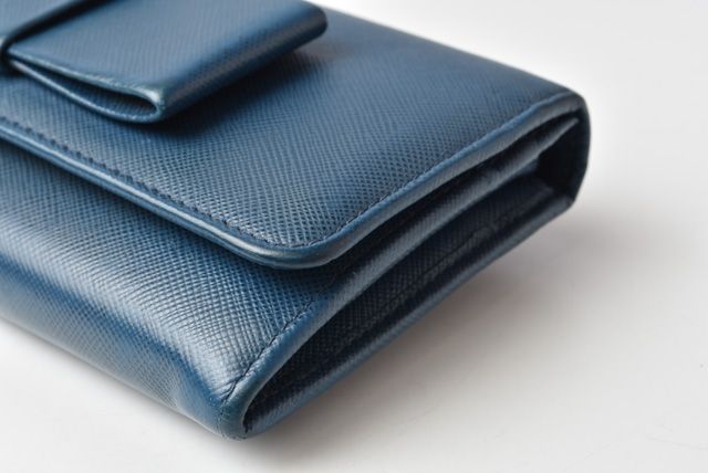 Prada Long Wallet With Pass Case 1mh132 Blue Saffiano Shape Pressed Leather