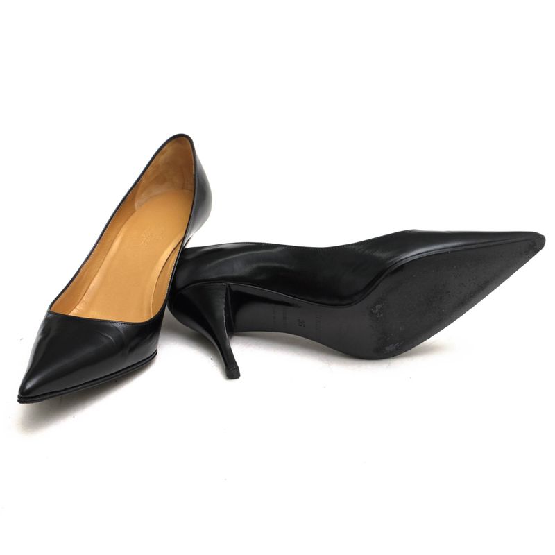 Hermes Pumps Shoes Women Leather Genuine Black Pointed Toe