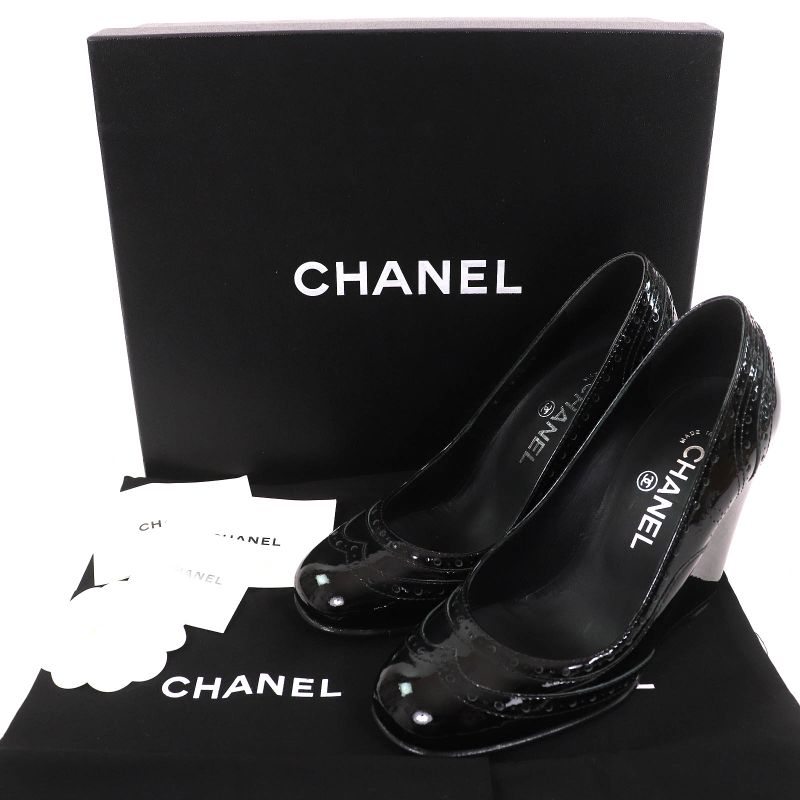 CHANEL G31216 Patent Leather Perforated Wedge Sole Pumps Black 36.5 Storage