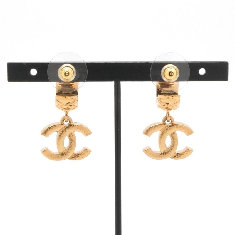 Chanel Earrings Earring Gold Coco Mark Rhinestone Half Hoop