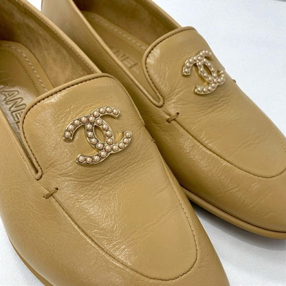 Chanel Loafer Leather Shoes Leather Beige Unused Here Mark Pearl