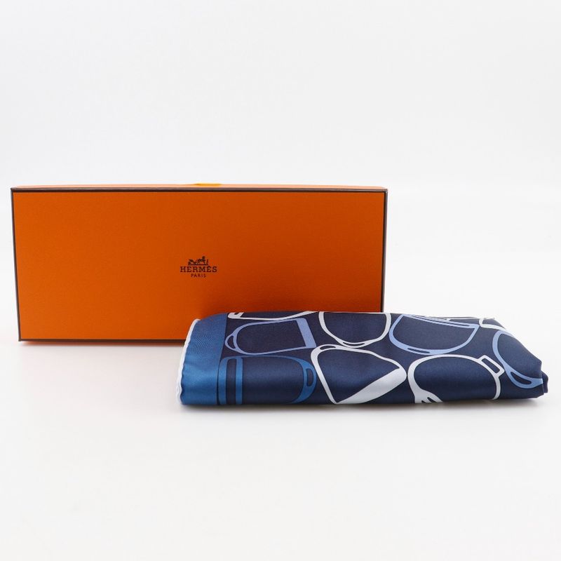 Hermes Pochette A Voût Etrier Silk Navy Blue Unisex Scarf