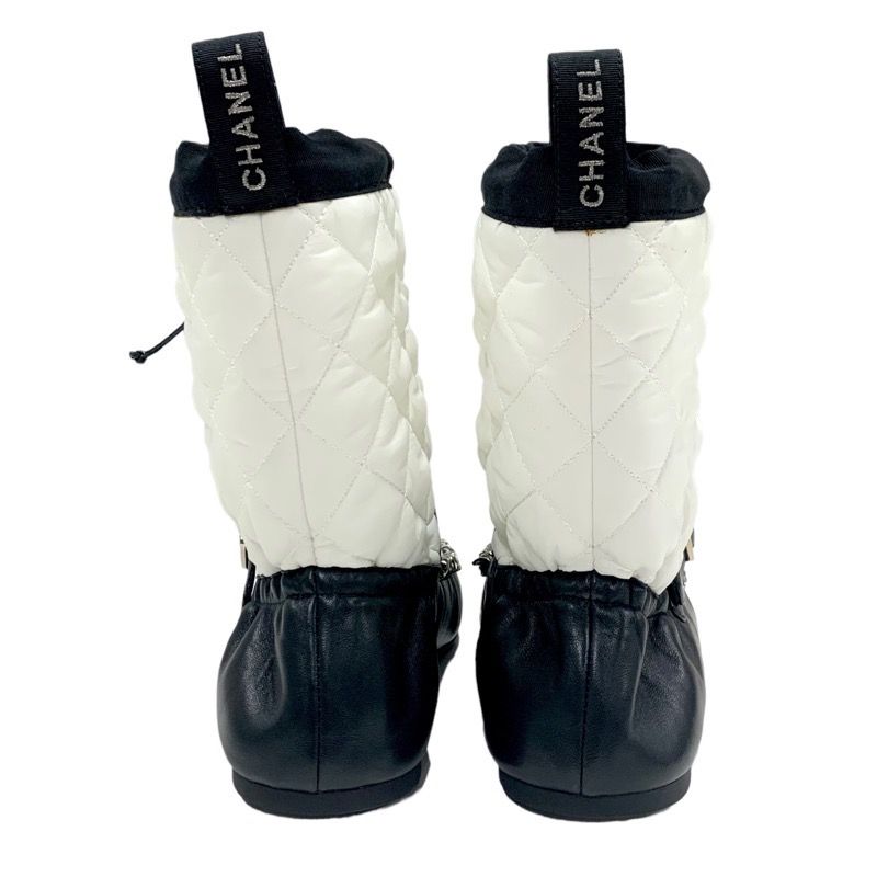Chanel Boots Short Boots Shoes Nylon Leather White Black Matelasse Chain Belt