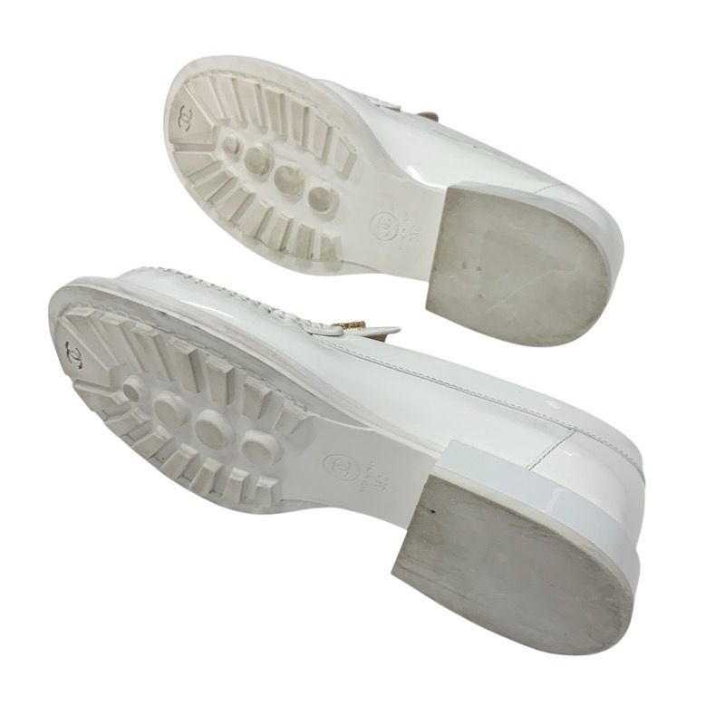 Chanel Loafer Leather Shoes Patent Leather White Gold Here Mark