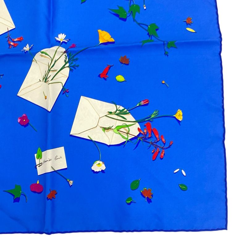 Hermes Scarf Silk Floral Letter Blue With Box