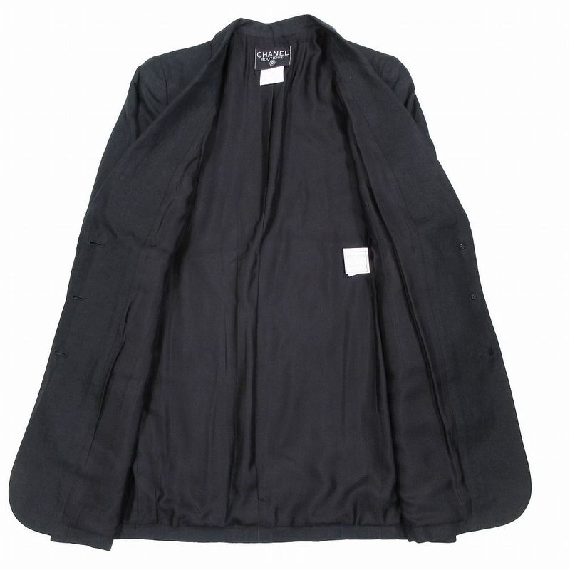 Chanel Coco Button 96p Linen Tailored Jacket Peaked Lapel Size M Ladies Black