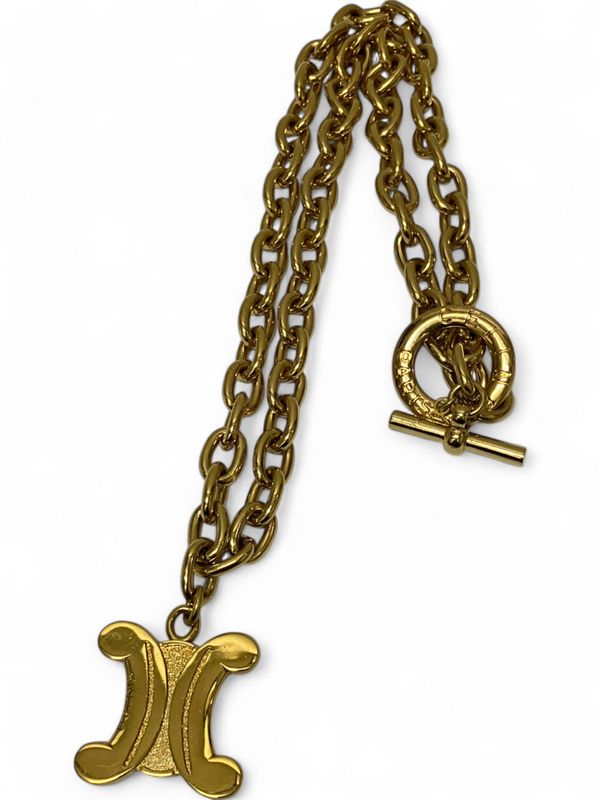 Celine Vintage Macadam Plate Chain Necklace Unisex Gold -