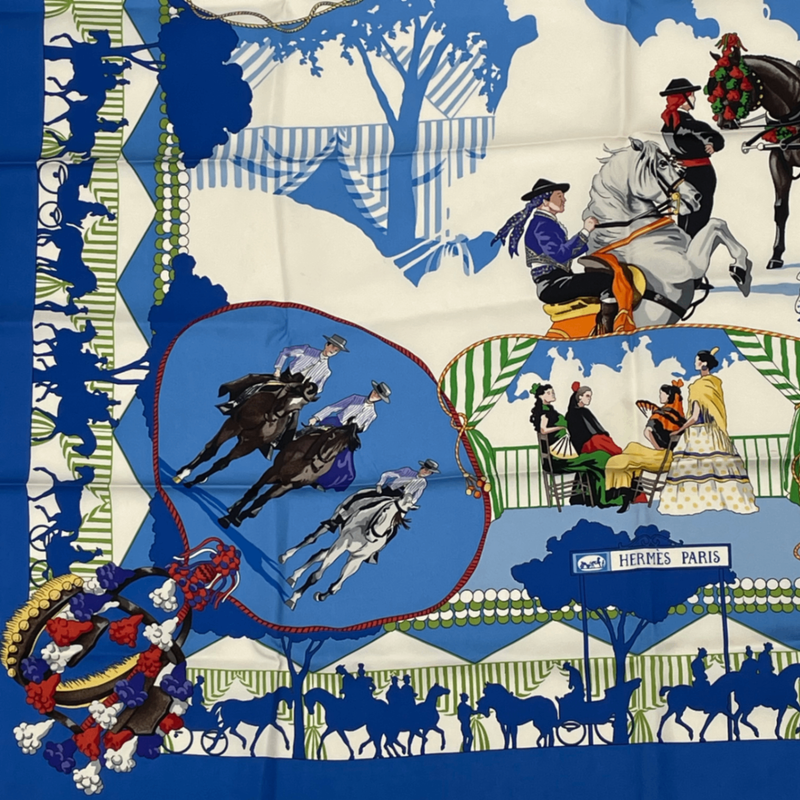 Hermes Scarf Carre 90 Feria De Sevilla Seville Holiday 100% Silk Blue