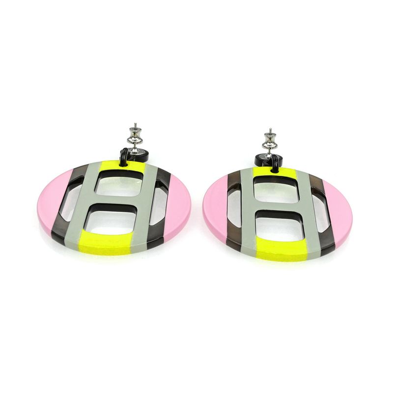 Hermes Earrings H Equipe Buffalo Horn Pair Multicolor Pink Gray Yellow