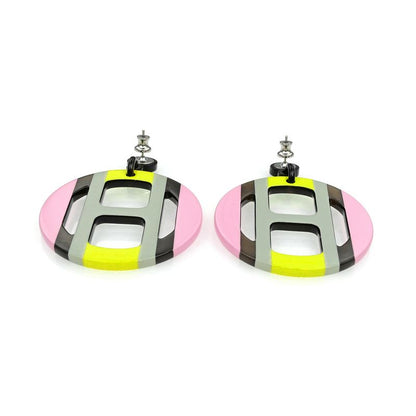 Hermes Earrings H Equipe Buffalo Horn Pair Multicolor Pink Gray Yellow