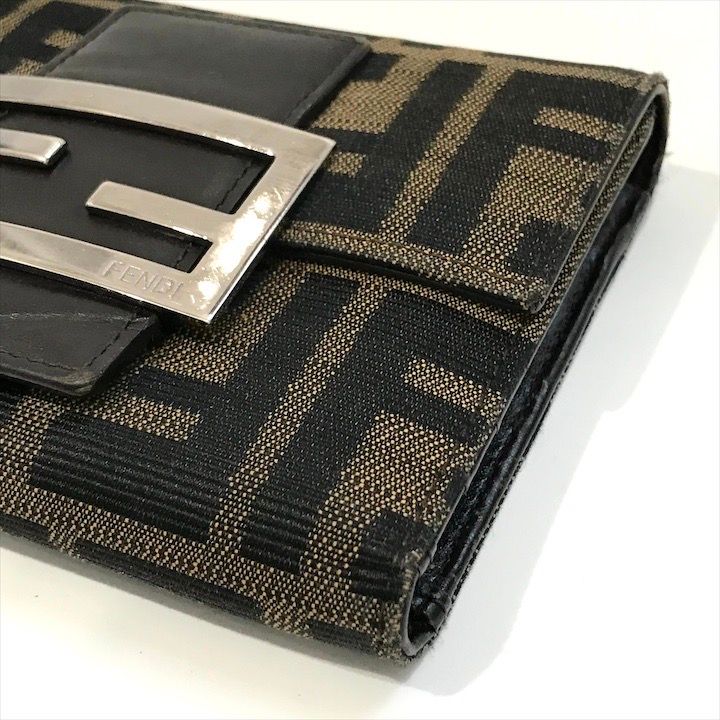 Fendi Zucca Trifold Wallet Compact FF Plate Canvas Leather Brown