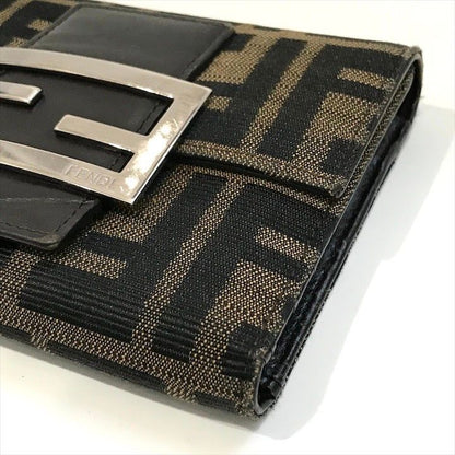 Fendi Zucca Trifold Wallet Compact FF Plate Canvas Leather Brown