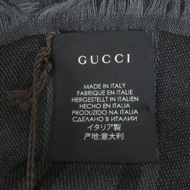 Gucci 544615 Wool Silk GG Logo Diamante Checked Fringe Stole Scarf Shawl Gray