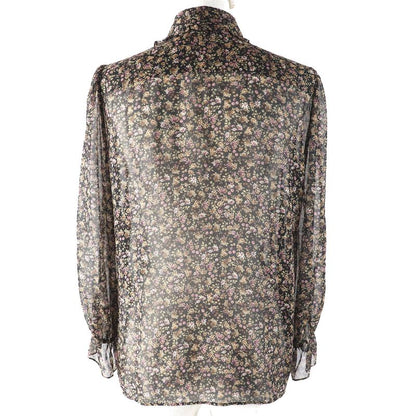 Celine 100% Silk Flower Print Floral Pattern Frilled Collar Logo Button Chiffon