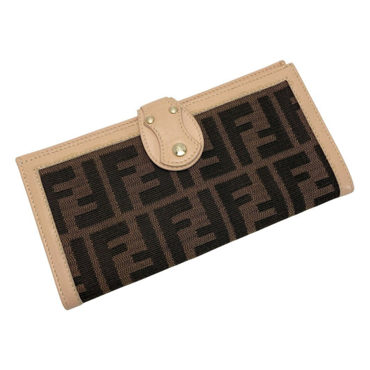 Fendi Zucca Pattern W Hook Long Wallet Brown X Pink Canvas/leather