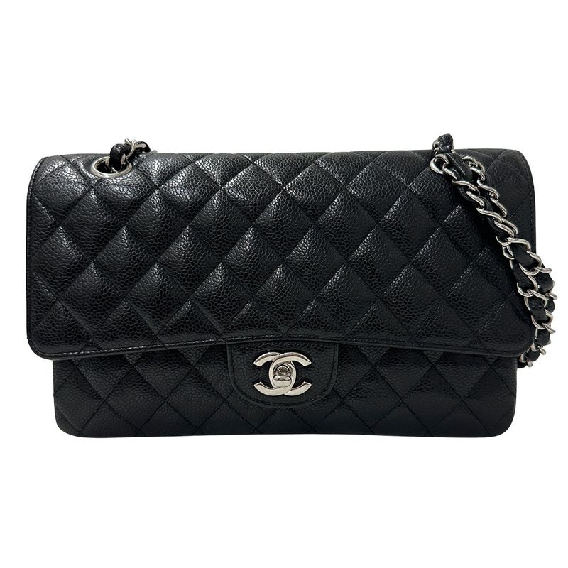 Chanel Bag Women's Brand Shoulder Bag Matelasse 25 Caviar Skin Black Silver