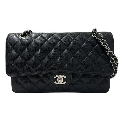 Chanel Bag Women's Brand Shoulder Bag Matelasse 25 Caviar Skin Black Silver